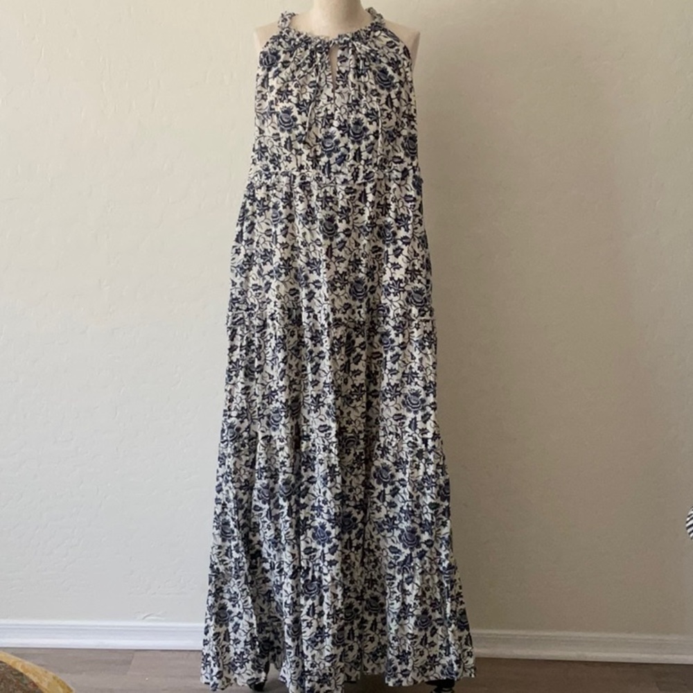 House of Harlow 1960 Indigo Blue and Ivory Print Tiered Halter Maxi Dress L NWT